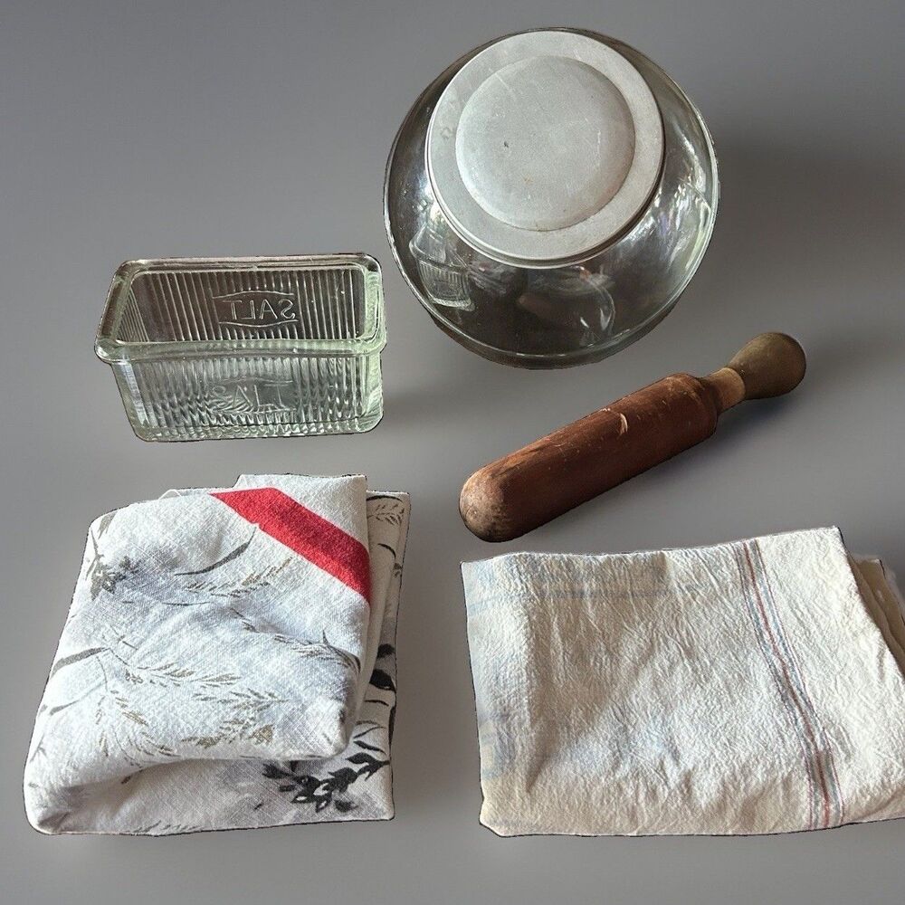VTG Farmhouse Kitchen Lot ‘30s Godchaux Sugar Sack Candy Jar Tablecloth Salt Box